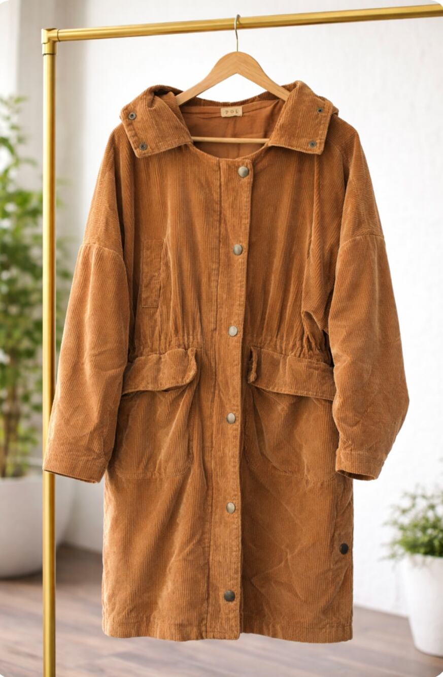 POL Oversized Corduroy Hooded Trench Coat Tan Utility Western Long Jacket